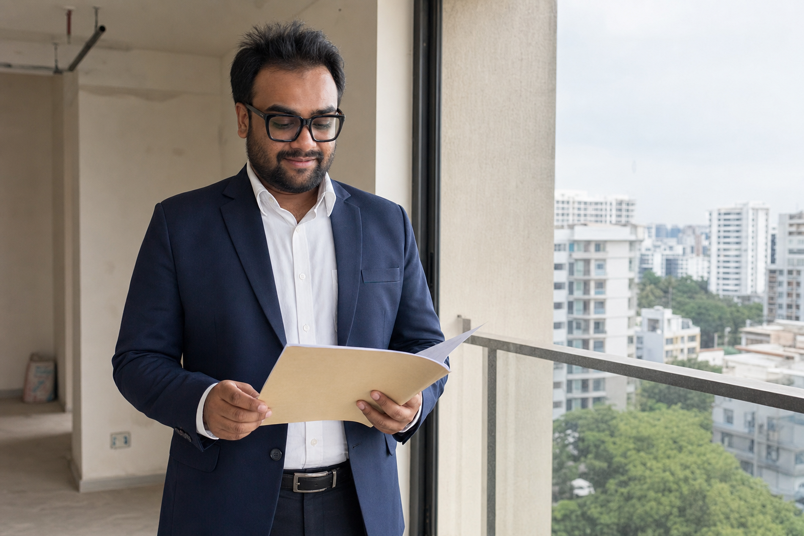Tirth Inamdar reviewing documents during an Indian property visit